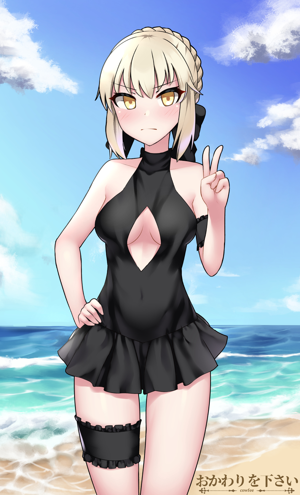 1girl artist_name artoria_pendragon_(all) bare_shoulders beach black_ribbon black_swimsuit blonde_hair blue_sky blush braid breasts brown_hair center_opening clouds commentary covered_navel cowfee day english_commentary eyebrows_visible_through_hair fate/stay_night fate_(series) french_braid frown hair_ribbon hand_on_hip highres looking_at_viewer medium_breasts one-piece_swimsuit ribbon saber_alter sky solo swimsuit v v-shaped_eyebrows yellow_eyes