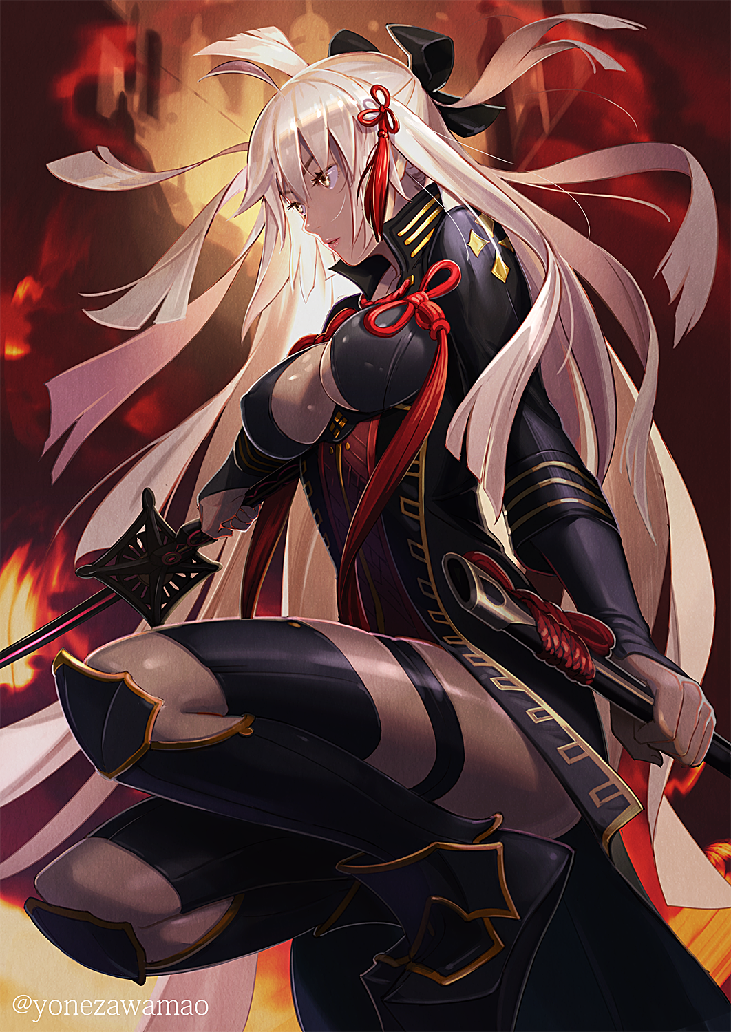 1girl ahoge armor artist_name bow breasts commentary_request dark_skin erect_nipples fate/grand_order fate_(series) hair_between_eyes hair_bow hair_ornament highres large_breasts legs lips long_hair looking_away majin_saber okita_souji_(fate) okita_souji_alter_(fate) shiny shiny_skin solo sword very_long_hair weapon yonezawa_mao