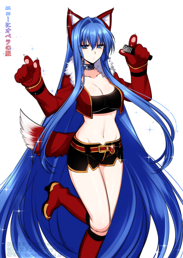 1girl animal_ears ankle_boots bangs black_bra black_shorts blue_eyes blue_hair boots bra breasts choker cleavage commentary_request dated fur_trim gloves hair_intakes hands_up jacket konshin large_breasts long_hair looking_at_viewer microphone navel open_clothes open_jacket original paw_gloves paws red_footwear red_jacket short_shorts shorts signature simple_background solo standing standing_on_one_leg tail underwear very_long_hair white_background