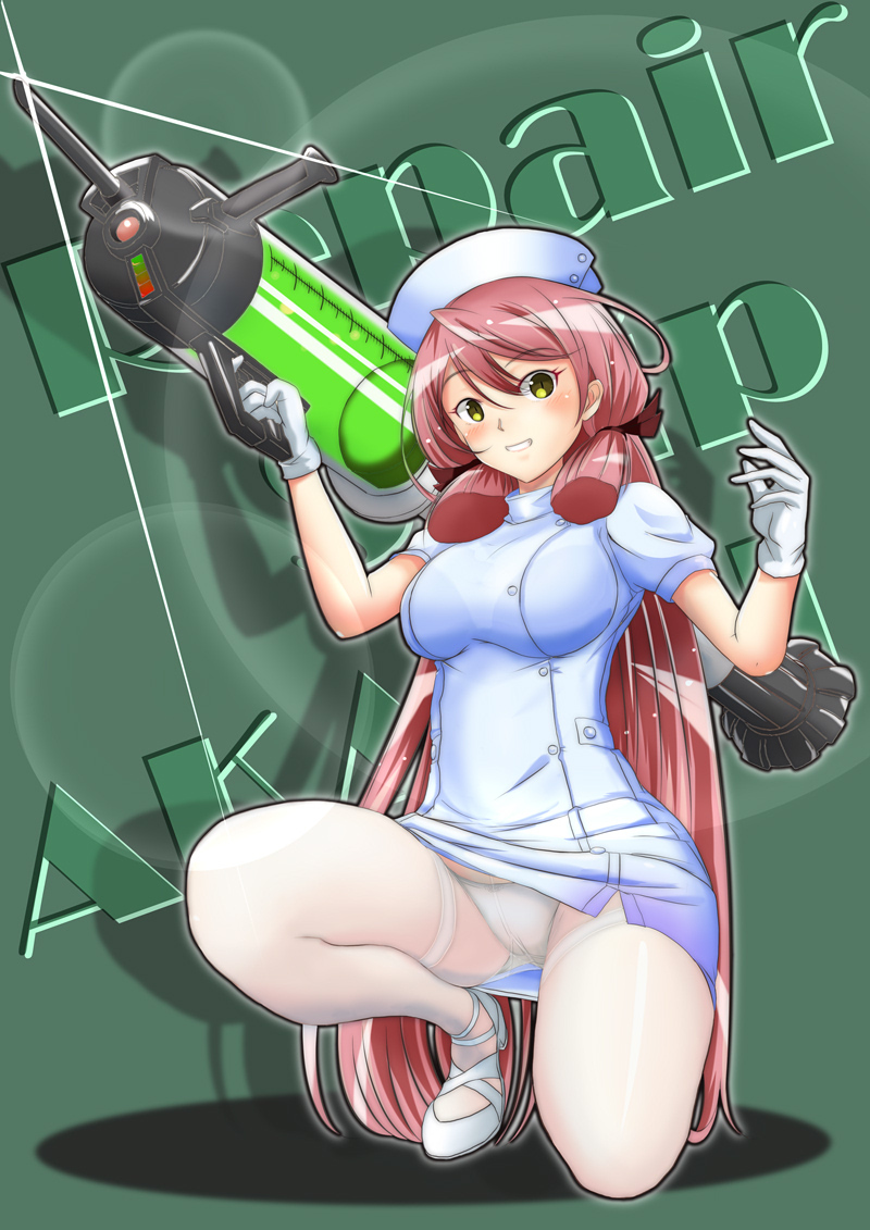 1girl akashi_(kantai_collection) character_name full_body glint gloves green_background green_eyes hair_ribbon hat holding holding_weapon kantai_collection lens_flare long_hair looking_at_viewer mokerou nurse nurse_cap oversized_object panties panties_under_pantyhose pantyhose pink_hair ribbon simple_background solo squatting syringe tress_ribbon underwear weapon white_gloves white_legwear white_panties