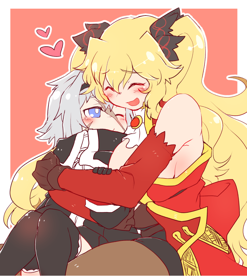 2girls anne_bonny_(fate/grand_order) bare_shoulders black_hairband black_legwear blonde_hair blue_eyes blush breasts closed_eyes detached_sleeves facial_scar fate/grand_order fate_(series) gloves hairband heart hug kagosumi large_breasts long_hair looking_at_another mary_read_(fate/grand_order) multiple_girls one_eye_closed open_mouth pantyhose scar scar_on_cheek short_hair sideboob silver_hair sitting sitting_on_lap sitting_on_person thigh-highs very_long_hair yuri