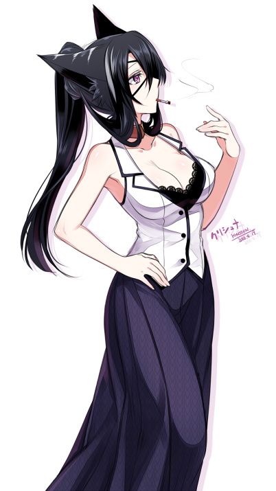 1girl animal_ears bare_arms bare_shoulders black_hair breasts cigarette cleavage commentary_request dated eyepatch fox_ears from_side hand_on_hip konshin large_breasts mouth_hold original ponytail purple_skirt red_eyes signature skirt smoke smoking solo standing vest white_vest