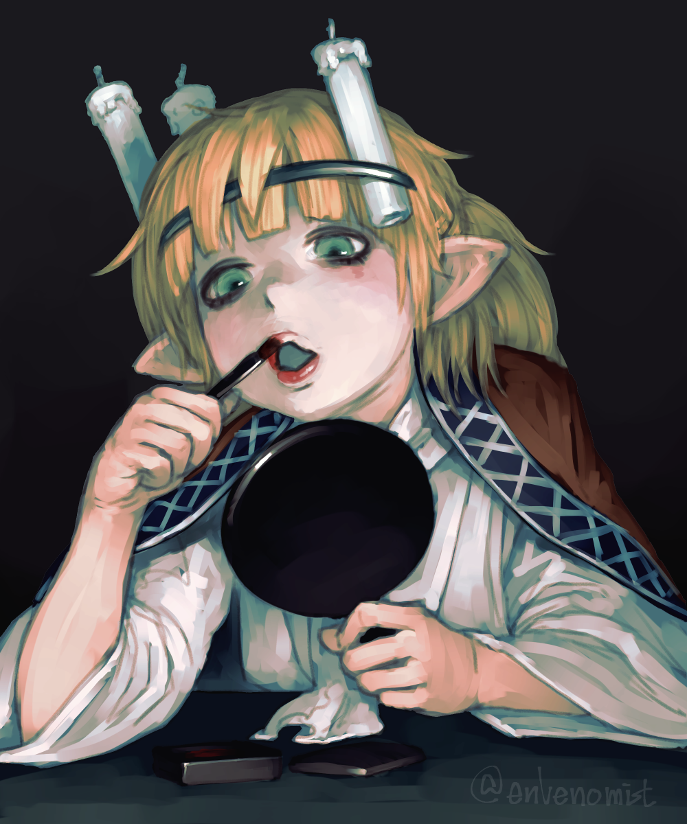 blonde_hair candle gengoroumaru_(ambidextrous) green_eyes hairband highres looking_down makeup mirror mizuhashi_parsee pointy_ears ponytail puckered_lips touhou wide_sleeves