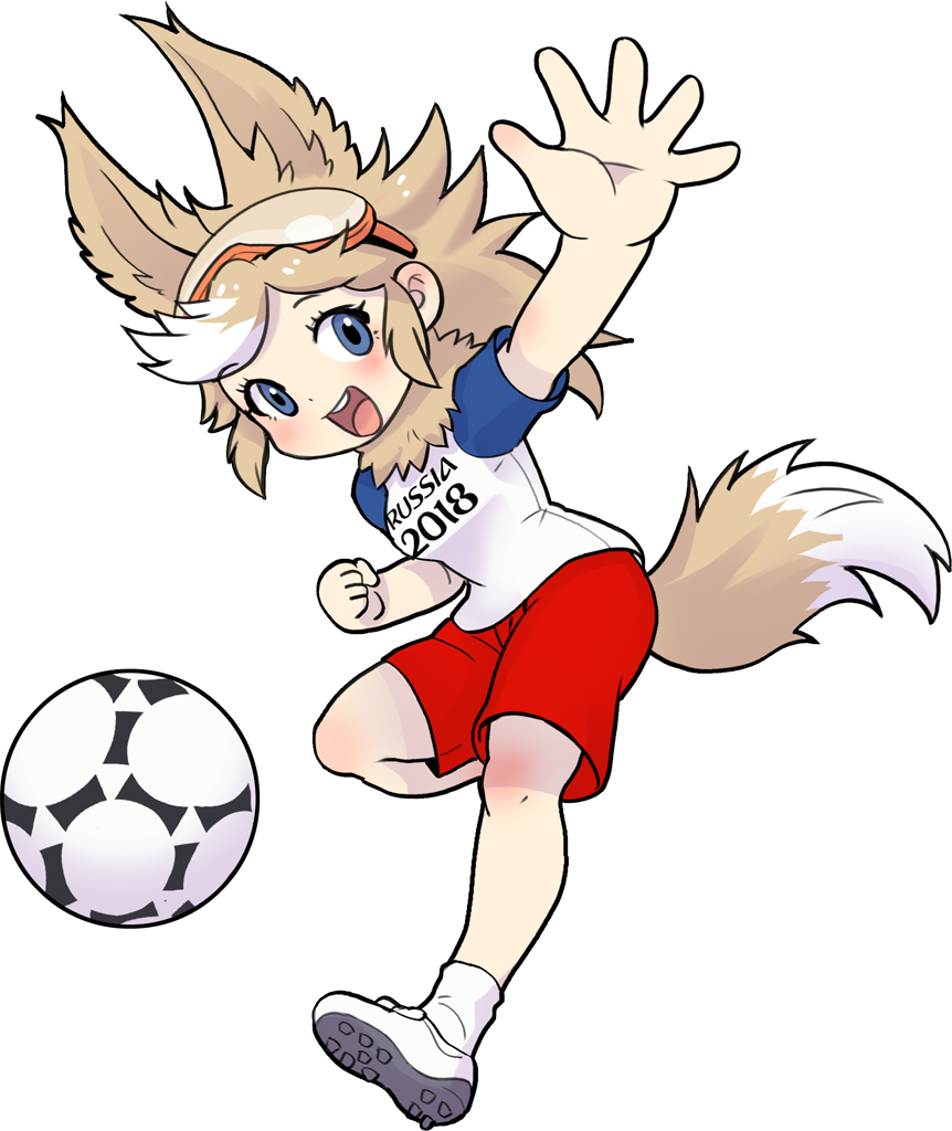 1girl :d animal_ears anthropomorphization ball blue_eyes goggles goggles_on_head hand_up kemono_friends looking_at_viewer mascot open_mouth raglan_sleeves red_shorts roonhee round_teeth shoes short_sleeves shorts smile soccer_ball soccer_uniform socks solo sportswear standing standing_on_one_leg tail teeth white_legwear wolf wolf_ears wolf_tail world_cup zabivaka