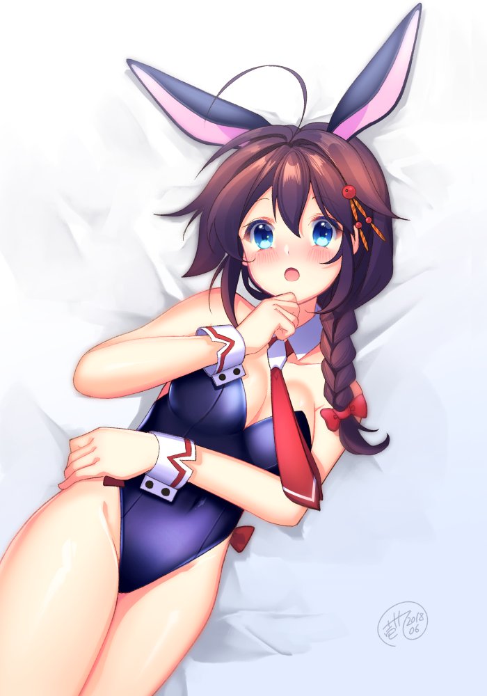 1girl adapted_costume animal_ears bare_shoulders blue_eyes blue_leotard braid breasts bunnysuit cleavage dark_skin detached_collar fake_animal_ears hair_flaps hair_ornament hair_ribbon ittokyu kantai_collection leotard long_hair looking_at_viewer lying medium_breasts necktie open_mouth rabbit_ears red_neckwear remodel_(kantai_collection) ribbon shigure_(kantai_collection) single_braid solo strapless strapless_leotard wrist_cuffs