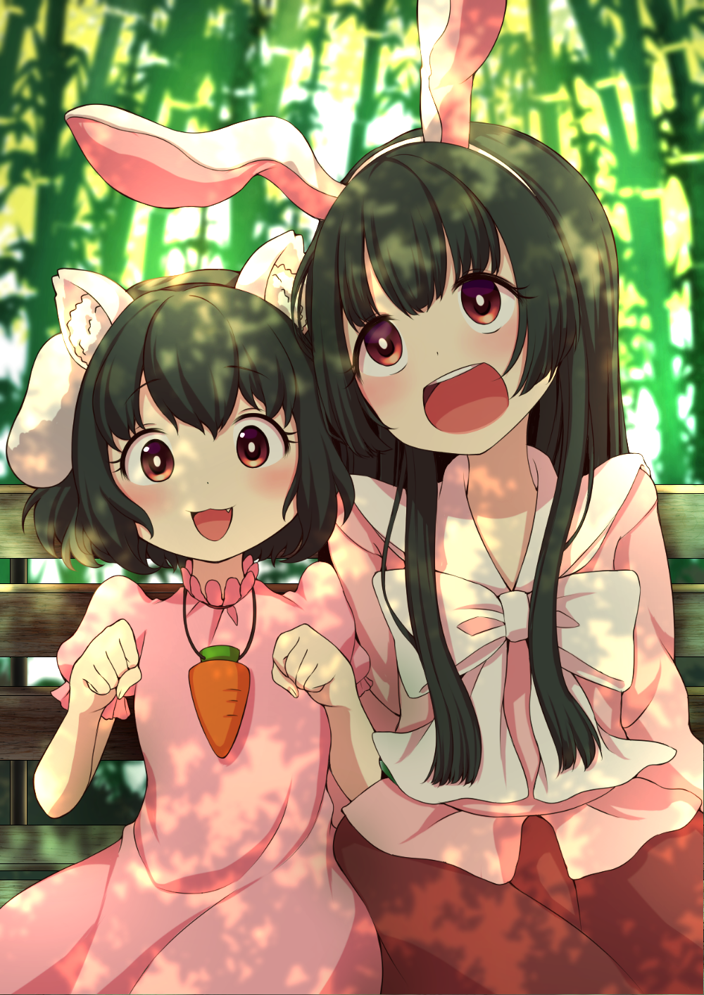 2girls :3 :d animal_ears arms_at_sides bamboo bamboo_forest bangs bench black_hair blouse blurry bow carrot_necklace cat_ears commentary_request dappled_sunlight day depth_of_field dress eyebrows_visible_through_hair facing_viewer fake_animal_ears fang forest highres hime_cut houraisan_kaguya inaba_tewi japanese_clothes long_hair looking_up multiple_girls nature open_mouth outdoors paw_pose pink_blouse pink_dress puffy_short_sleeves puffy_sleeves rabbit_ears red_eyes red_skirt short_hair short_sleeves side-by-side sidelocks sitting skirt smile sunlight touhou tsukimirin upper_body white_bow