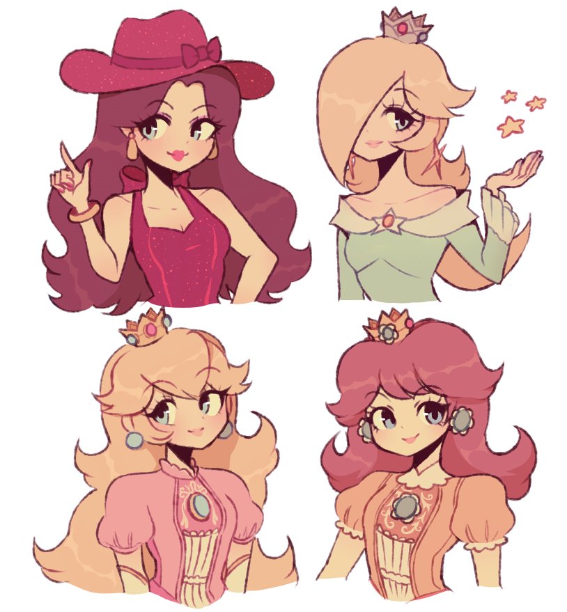 4girls bare_shoulders blonde_hair blue_dress blue_eyes brown_hair dress earrings flower_earrings halterneck hat index_finger_raised jewelry lipstick long_hair makeup super_mario_bros. multiple_girls orange_dress pauline_(mario) pink_dress princess_daisy princess_peach puffy_short_sleeves puffy_sleeves red_dress rosetta_(mario) short_hair short_sleeves simple_background smile star star_earrings super_mario_bros. super_mario_galaxy super_mario_odyssey super_smash_bros. white_background