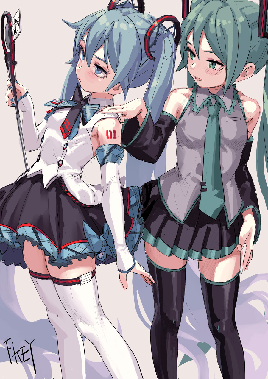 2girls aqua_eyes aqua_hair aqua_neckwear artist_name bare_shoulders beige_background black_legwear black_skirt blue_bow blue_nails blush bow breasts chinese_commentary commentary_request detached_sleeves dual_persona feet_out_of_frame fkey grey_vest hair_between_eyes hair_ornament hand_on_another's_shoulder hatsune_miku highres holding long_hair long_sleeves looking_at_another miniskirt multiple_girls nail_polish necktie open_mouth pleated_skirt signature simple_background skirt sleeves_past_wrists small_breasts smile standing tattoo thigh-highs twintails very_long_hair vest vocaloid white_legwear wide_sleeves zettai_ryouiki