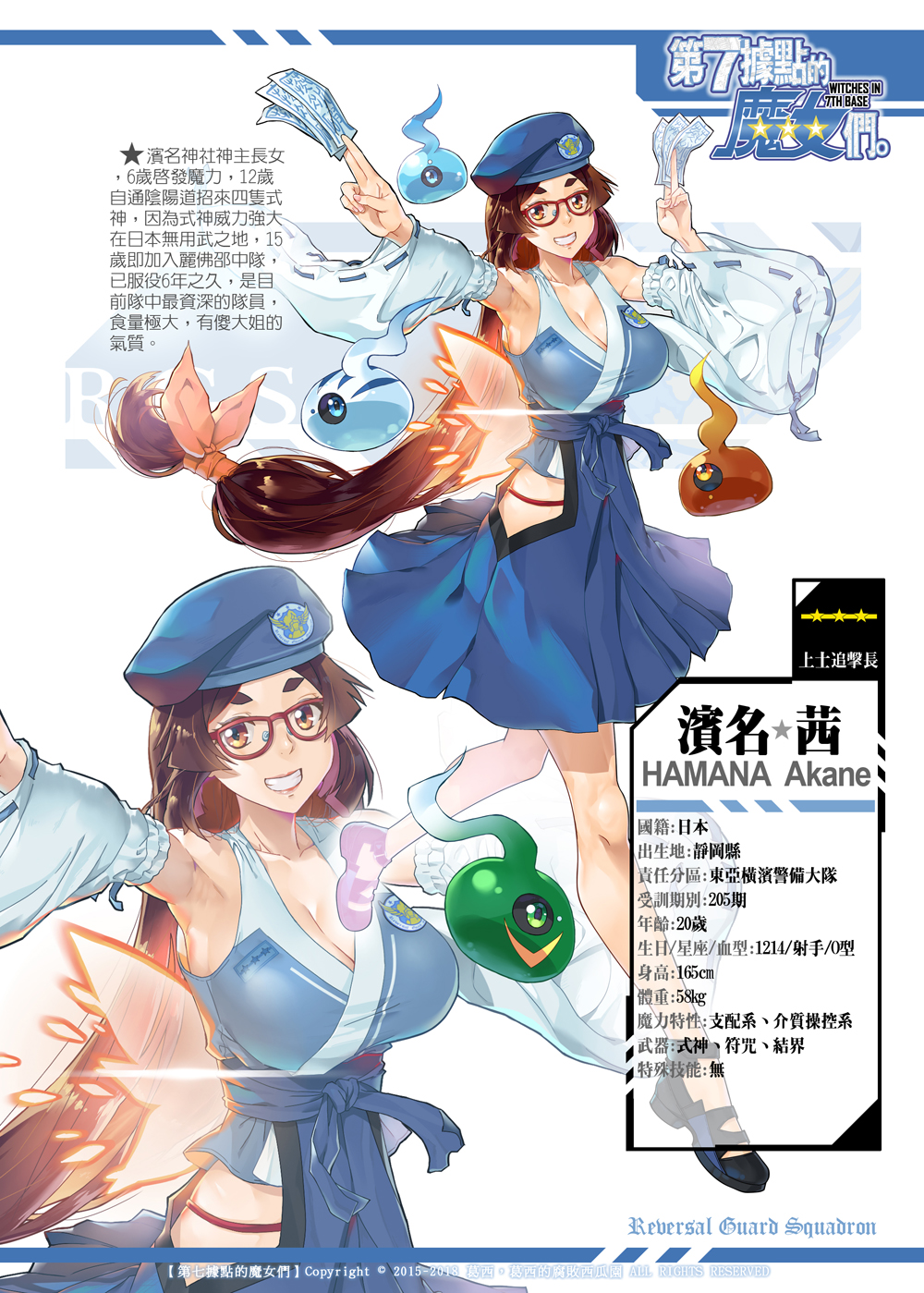 1girl breasts brown_eyes brown_hair character_name character_profile cleavage detached_sleeves eyebrows full_body ge_xi glasses hat highres levasol_defense_corps long_hair original short_eyebrows smile teeth thick_eyebrows translation_request very_long_hair witches_in_7th_base