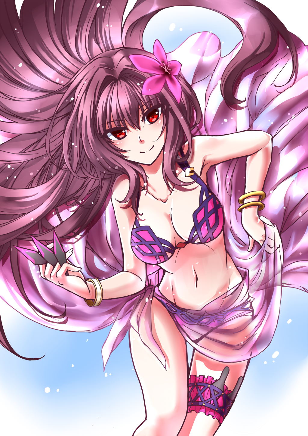 1girl bikini bracelet breasts cleavage collarbone fate/grand_order fate_(series) flower graphite_(medium) hair_flower hair_intakes hair_ornament hibiscus highres jewelry kaikai kunai large_breasts leg_garter long_hair looking_at_viewer navel pink_bikini purple_bikini purple_hair purple_sarong red_eyes sarong scathach_(fate/grand_order) scathach_(swimsuit_assassin)_(fate) smile solo swimsuit traditional_media weapon