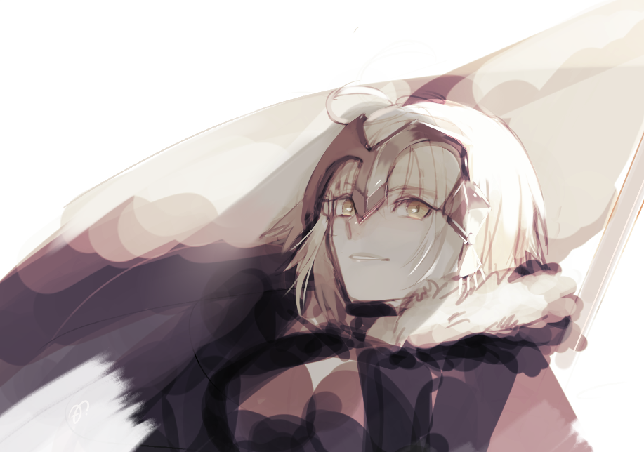 1girl ahoge bangs banner breasts eyebrows_visible_through_hair fate/grand_order fate_(series) fur_collar headpiece jeanne_d'arc_(alter)_(fate) jeanne_d'arc_(fate)_(all) medium_breasts motu0505 short_hair simple_background smile solo upper_body white_background white_hair yellow_eyes