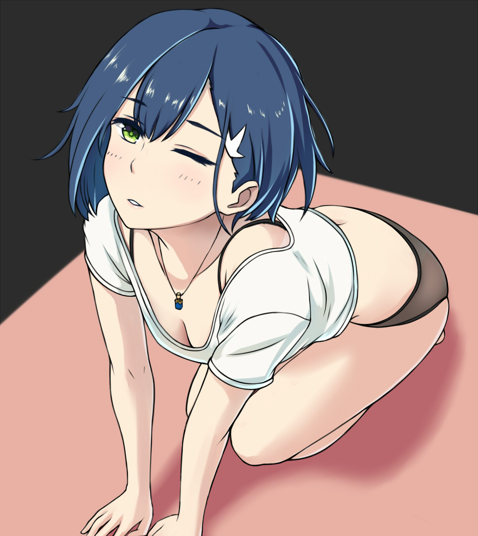 1girl ;d all_fours black_panties blue_hair blush breasts cleavage darling_in_the_franxx dylannn feet green_eyes hair_ornament hairclip half-closed_eyes ichigo_(darling_in_the_franxx) kneeling looking_at_viewer one_eye_closed open_mouth panties shirt short_hair smile underwear white_shirt