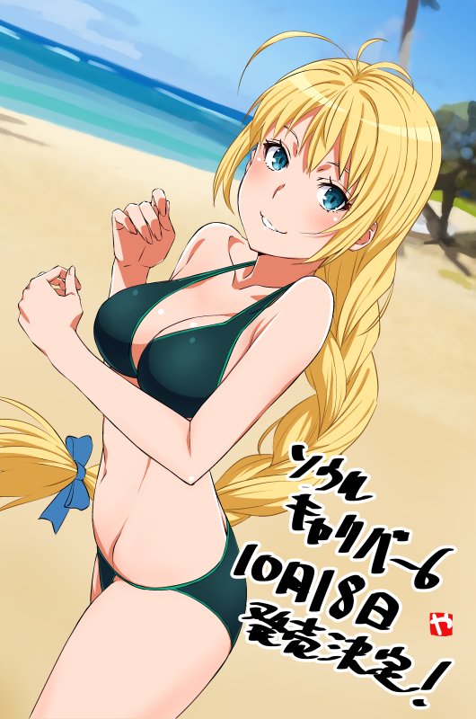 1girl bare_shoulders beach bikini blonde_hair breasts cleavage green_eyes groin hair_ribbon looking_at_viewer navel ocean ribbon sky smile solo sophitia_alexandra soul_calibur soulcalibur_vi swimsuit yamazaki_(now_printing)