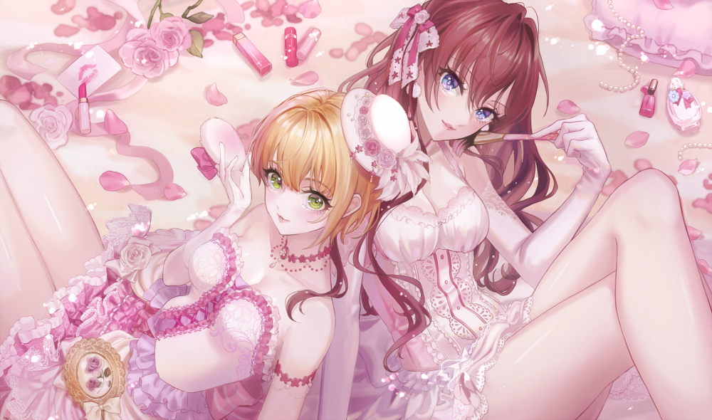2girls bangs bed_sheet blonde_hair blue_eyes bow brown_hair chemise choker commentary_request cross-laced_clothes earrings elbow_gloves flower frilled_pillow frills gloves green_eyes hair_bow hat hat_feather ichinose_shiki idolmaster idolmaster_cinderella_girls jewelry legs_crossed lingerie lipstick_mark lipstick_tube long_hair magako makeup_brush miyamoto_frederica multiple_girls nail_polish_bottle necklace necklace_removed pearl_necklace petals pillow pink_bow pom_pom_earrings powder_puff rose rose_petals short_hair smile strapless_camisole underwear white_flower white_rose