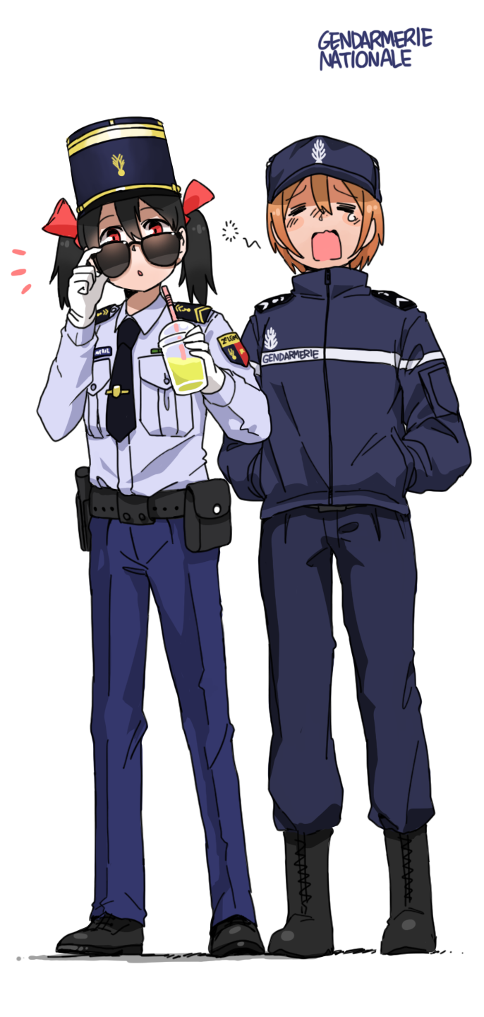 2girls anyan_(jooho) drink gendarmerie_nationale gloves hat highres hoshizora_rin jacket kepi love_live! love_live!_school_idol_project multiple_girls necktie police short_necktie smoothie sunglasses white_gloves yawning yazawa_nico