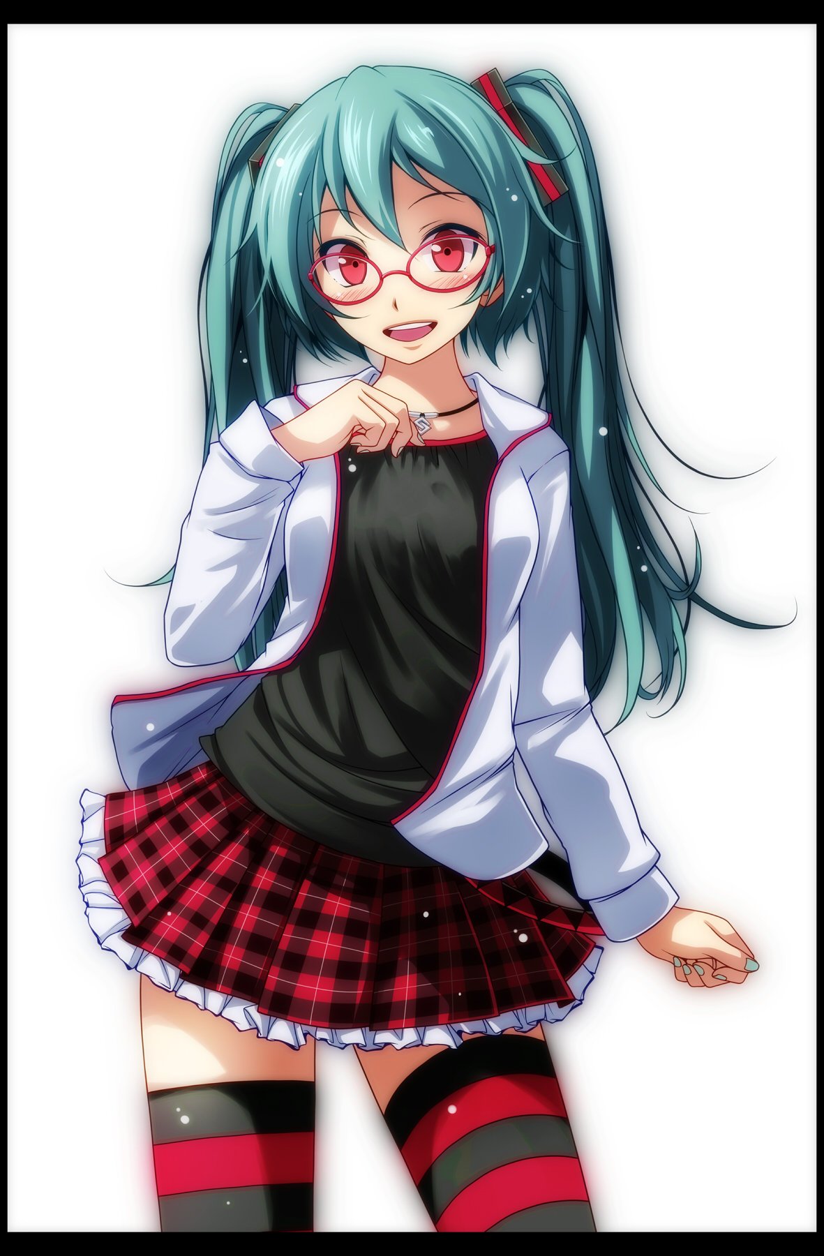 1girl :d aqua_hair bespectacled black_legwear black_shirt blush clenched_hand cowboy_shot glasses grey_nails hatsune_miku highres horizontal-striped_legwear horizontal_stripes jacket jewelry letterboxed long_hair long_sleeves looking_at_viewer nail_polish necklace open_clothes open_jacket open_mouth plaid plaid_skirt pleated_skirt project_diva_(series) red-framed_eyewear red_eyes red_legwear red_skirt shirt shirt_under_jacket simple_background skirt smile solo striped striped_legwear thigh-highs tsukishiro_saika twintails vocaloid white_background white_jacket