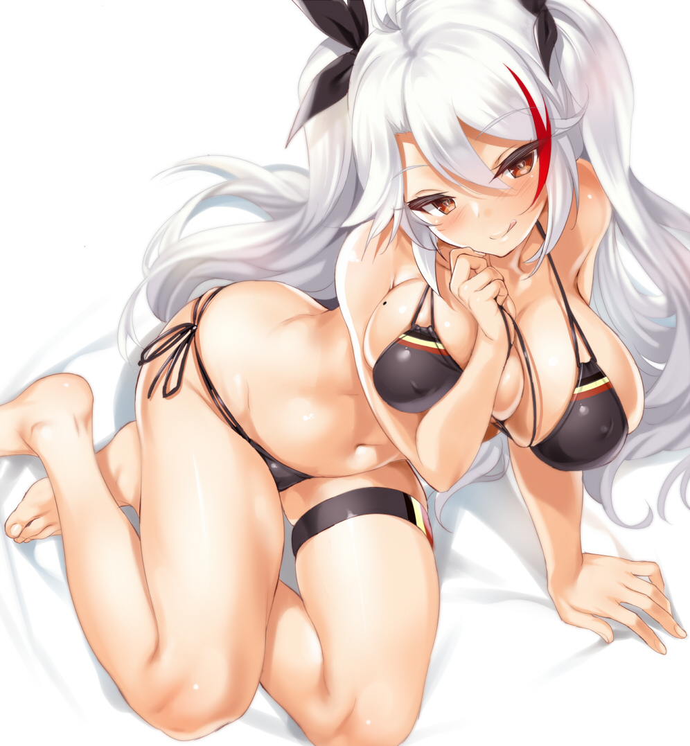 1girl antenna_hair azur_lane bangs bare_shoulders bikini black_bikini black_ribbon blush breasts brown_eyes cleavage collarbone erect_nipples eyebrows_visible_through_hair feet flag_print from_above garters german_flag_bikini hair_between_eyes hair_ribbon hips kure_masahiro large_breasts legs licking_lips long_hair looking_at_viewer mole mole_on_breast multi-strapped_bikini multicolored_hair navel prinz_eugen_(azur_lane) ribbon side-tie_bikini silver_hair simple_background sitting smile solo streaked_hair swept_bangs swimsuit thigh_strap thighs tongue tongue_out two_side_up waist white_background yokozuwari