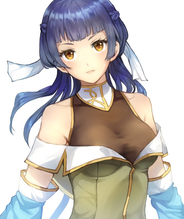 1girl athena_(fire_emblem) bare_shoulders black_hair blue_hair braid breasts brown_eyes fire_emblem fire_emblem:_mystery_of_the_emblem fire_emblem_heroes hair_ribbon hairdressing jurge long_hair looking_at_viewer ribbon simple_background smile solo white_background