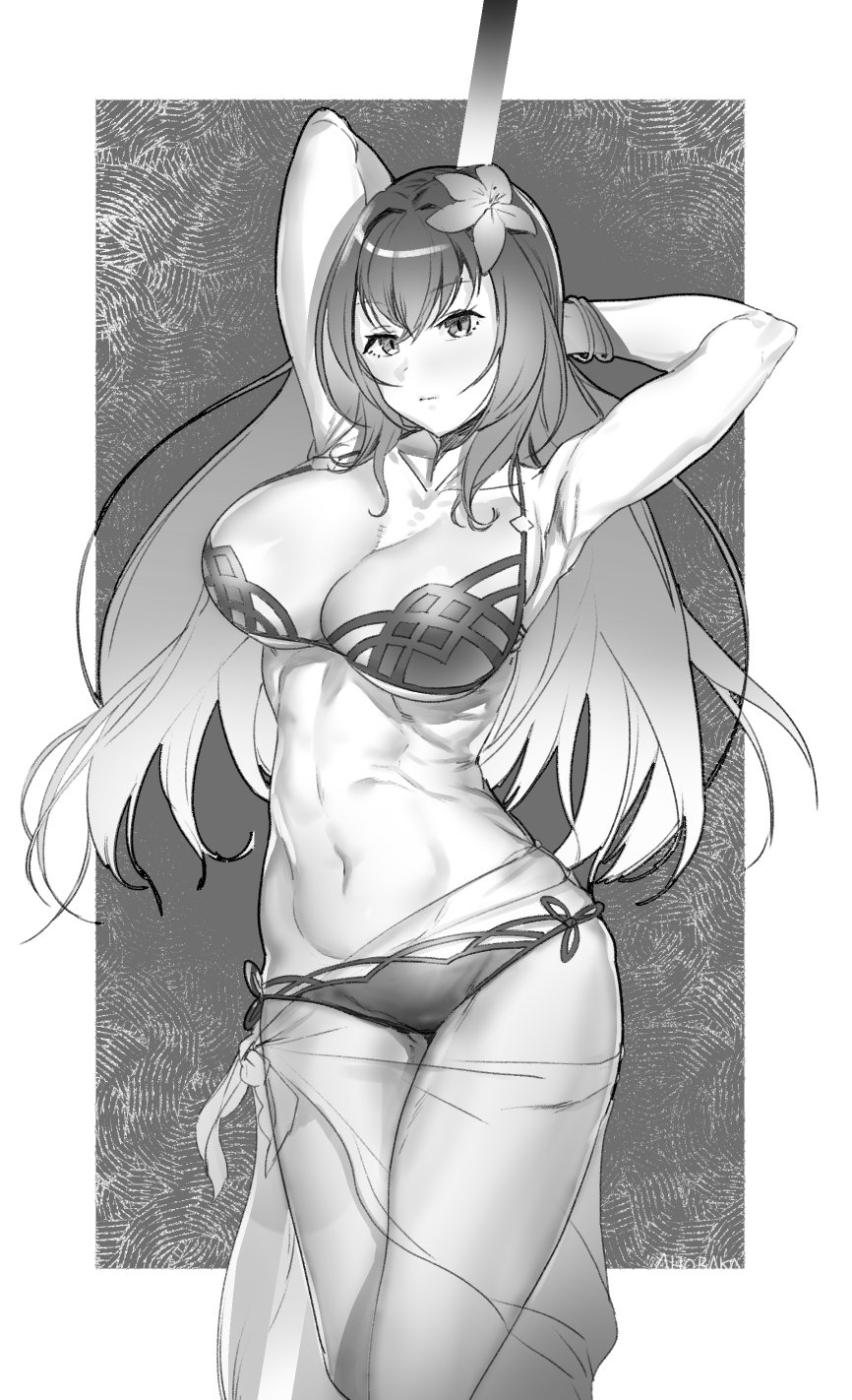 1girl ahobaka armpits arms_behind_back bikini bracelet breasts cleavage collarbone expressionless fate/grand_order fate_(series) flower gae_bolg hair_flower hair_intakes hair_ornament hibiscus highres holding holding_weapon jewelry large_breasts leg_garter long_hair looking_at_viewer monochrome navel sarong scathach_(fate/grand_order) scathach_(swimsuit_assassin)_(fate) solo swimsuit weapon