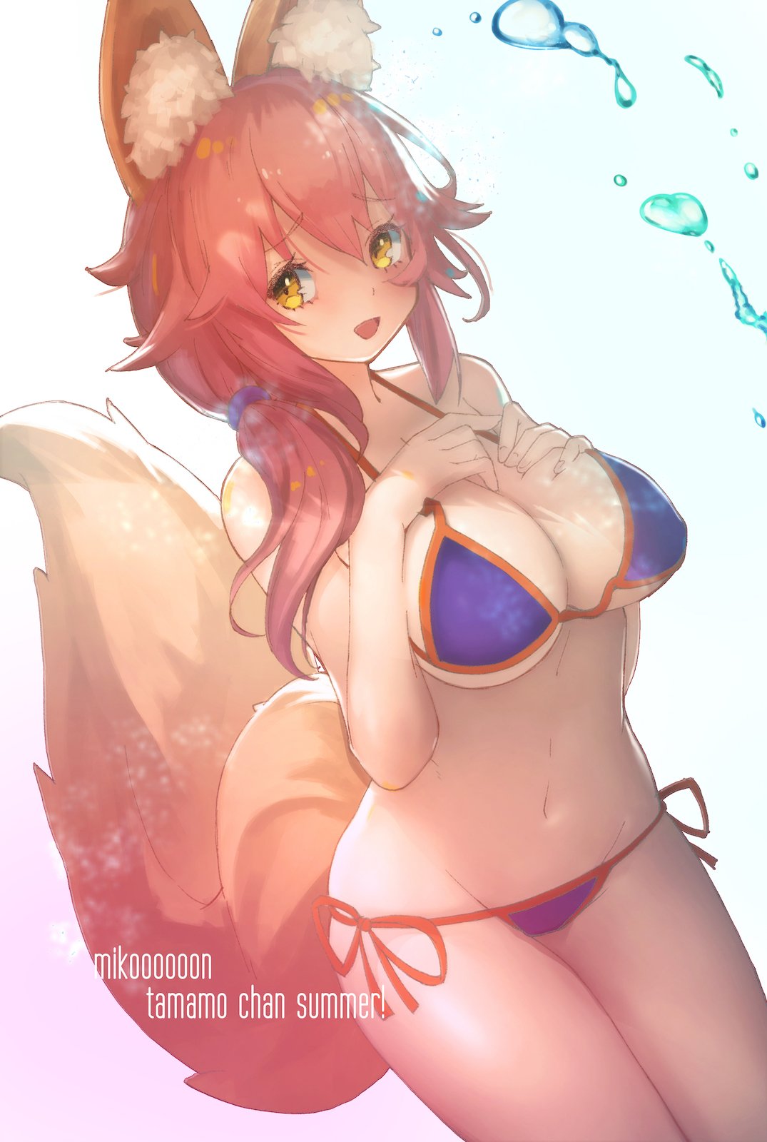 1girl :d animal_ears asarokuji bikini blue_bikini breasts character_name commentary_request dutch_angle fate/grand_order fate_(series) fox_ears fox_tail hair_tie hands_on_own_chest highres large_breasts long_hair looking_at_viewer navel open_mouth pink_hair side-tie_bikini smile solo standing swimsuit tail tamamo_(fate)_(all) tamamo_no_mae_(swimsuit_lancer)_(fate)