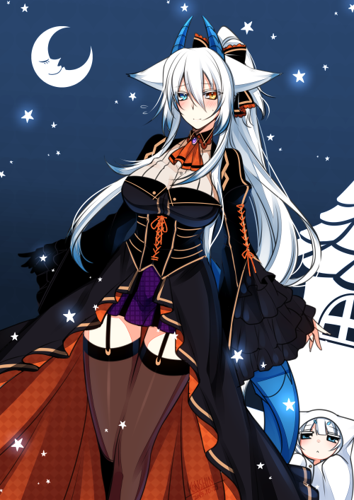 2girls animal_ears ascot baby bangs black_dress blue_eyes blue_sky blush breasts brown_legwear closed_mouth commentary_request crescent_moon day dress fox_ears garter_straps hair_between_eyes heterochromia horns juliet_sleeves konshin large_breasts long_hair long_sleeves looking_at_viewer moon multiple_girls orange_eyes orange_neckwear orie_hakua original ponytail puffy_sleeves purple_skirt skirt sky smile star_(sky) starry_sky thigh-highs very_long_hair white_hair wide_sleeves