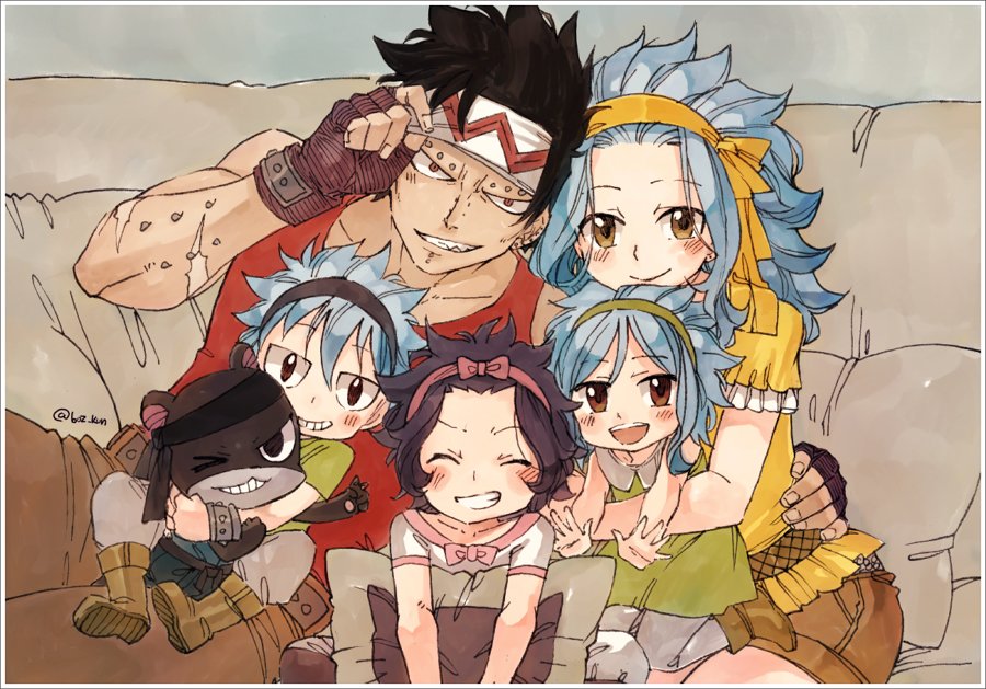 2boys 3girls :d black_hairband blue_hair blush boots brown_eyes brown_footwear brown_gloves brown_pants brown_shorts closed_eyes collarbone ear_piercing fairy_tail fingerless_gloves gajeel_redfox gloves green_hairband grey_pants grey_shirt grin hair_ribbon hairband hand_on_another's_hip headband levy_mcgarden long_hair looking_at_viewer multiple_boys multiple_girls open_mouth pantherlily pants piercing red_shirt ribbon rusky shirt short_shorts short_sleeves shorts sitting sleeveless sleeveless_shirt smile white_shirt yellow_ribbon yellow_shirt