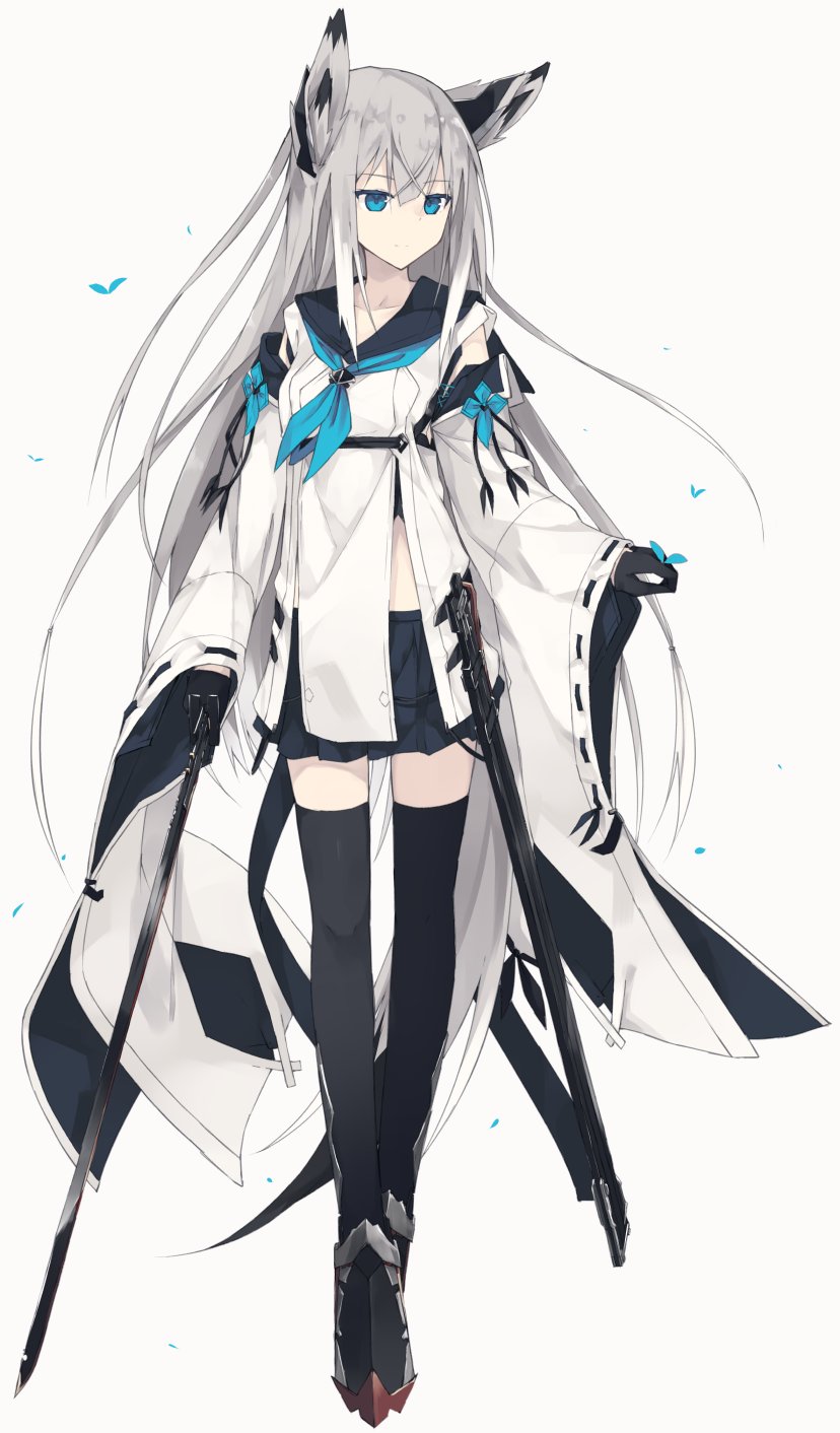 1girl azur_lane bangs black_gloves black_legwear black_sailor_collar black_skirt blue_eyes blue_neckwear breasts bug butterfly butterfly_on_hand commentary detached_sleeves eyebrows eyebrows_visible_through_hair feathered_wings feathers gloves head_wings high_heels highres holding holding_sword holding_weapon insect katana kawakaze_(azur_lane) long_hair looking_at_animal miniskirt nagishiro_mito neckerchief pleated_skirt ribbon-trimmed_clothes ribbon-trimmed_sleeves ribbon_trim sailor_collar shirt silver_hair skirt small_breasts solo straight_hair sword tachi-e thigh-highs transparent_background weapon white_shirt wings zettai_ryouiki