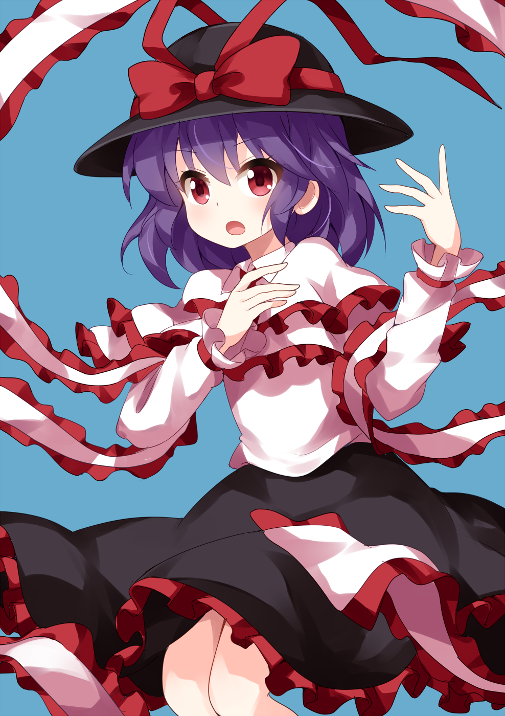 &gt;:o 1girl black_hat black_skirt blue_background bow capelet commentary_request feet_out_of_frame frilled_capelet frilled_shawl frills hands_up hat hat_bow hat_ribbon highres long_sleeves looking_at_viewer nagae_iku open_mouth purple_hair red_bow red_eyes red_ribbon ribbon ruu_(tksymkw) shawl simple_background skirt solo touhou v-shaped_eyebrows white_capelet wing_collar