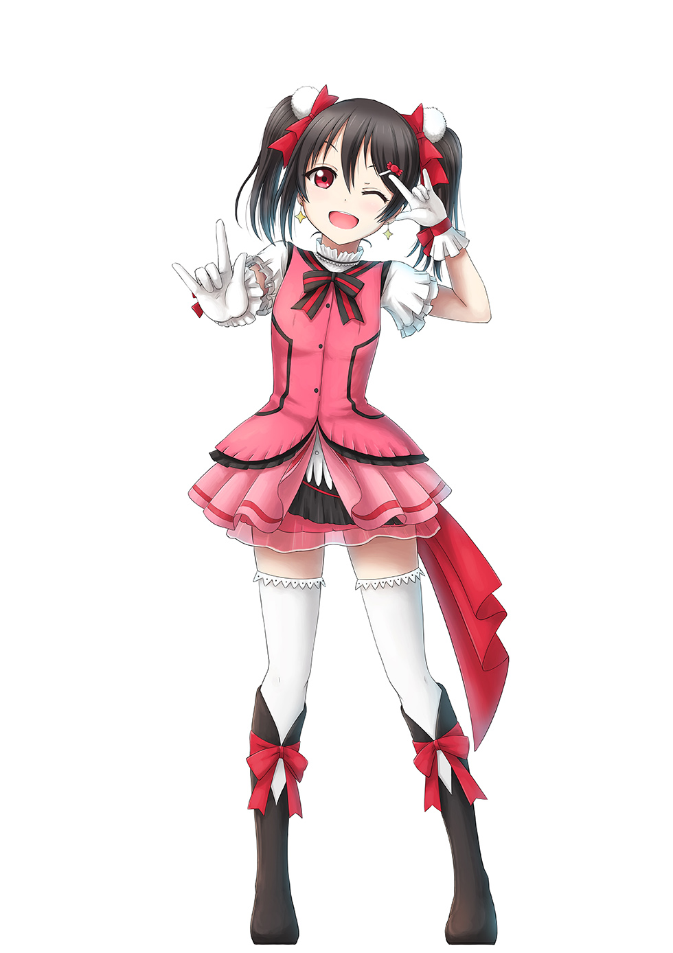 1girl ;d black_bow black_hair boots bow earrings frilled_legwear full_body gloves hair_bow hair_ornament head_tilt highres jewelry kira-kira_sensation! knee_boots layered_skirt long_hair love_live! love_live!_school_idol_project miniskirt one_eye_closed open_mouth red_bow red_eyes see-through short_sleeves simple_background skirt smile solo standing thigh-highs twintails white_background white_gloves white_legwear yazawa_nico zi_long