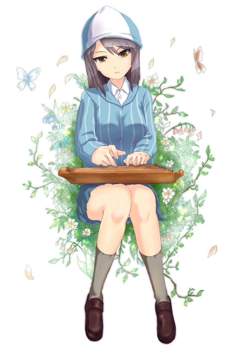 1girl blue_footwear blue_hat blue_shirt brown_eyes brown_hair buchikaki bug butterfly commentary dress_shirt eyebrows_visible_through_hair flower flower_request full_body girls_und_panzer grey_legwear grey_skirt hat head_tilt highres holding holding_instrument insect instrument ivy kantele keizoku_school_uniform light_smile loafers long_hair long_sleeves looking_at_viewer mika_(girls_und_panzer) miniskirt music parted_lips playing_instrument pleated_skirt ranguage school_uniform shirt shoes sitting skirt socks solo striped striped_shirt vertical-striped_shirt vertical_stripes white_background white_shirt