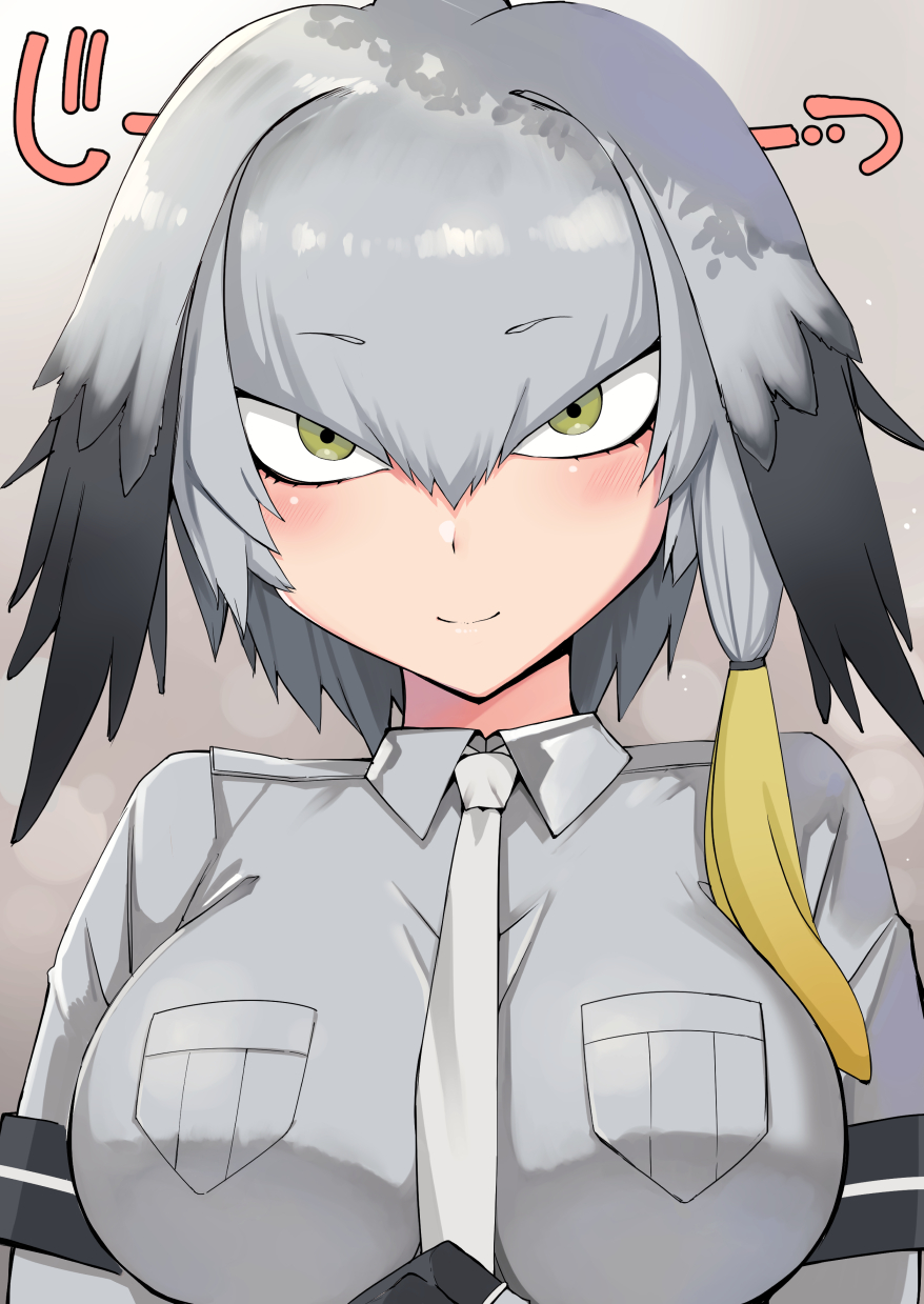 1girl bangs black_gloves black_hair blonde_hair blush breast_pocket breasts closed_mouth collared_shirt eyebrows_visible_through_hair fingerless_gloves gloves green_eyes grey_hair grey_neckwear grey_shirt hair_between_eyes highres kemono_friends long_hair long_sleeves looking_at_viewer low_ponytail multicolored_hair necktie nuko_(mikupantu) pocket shirt shoebill_(kemono_friends) short_over_long_sleeves short_sleeves side_ponytail smile solo sound_effects upper_body