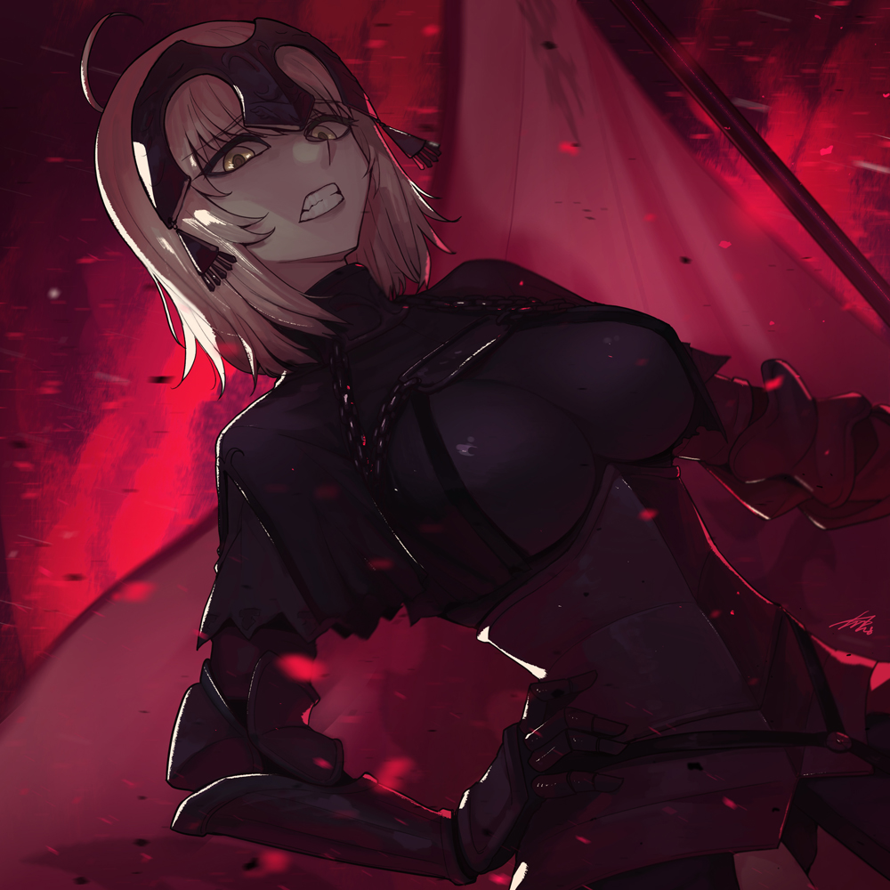 1girl ahoge armor armored_dress bangs banner black_capelet black_dress blurry breasts capelet chains clenched_teeth depth_of_field dress dutch_angle eyebrows_visible_through_hair fate/grand_order fate_(series) from_below gauntlets hair_between_eyes hand_on_hip headpiece jeanne_d'arc_(alter)_(fate) jeanne_d'arc_(fate)_(all) large_breasts looking_at_viewer motion_blur plackart platinum_blonde short_hair signature solo standing sungwon teeth yellow_eyes