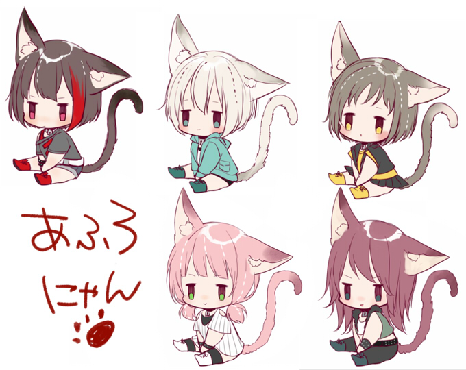 &gt;:) 5girls :&gt; afterglow_(bang_dream!) animal_ears aoba_moka aqua_footwear aqua_jacket bang_dream! bangs black_hair black_shirt blonde_hair blue_eyes blush bob_cut boots cat_ears cat_tail chibi green_eyes grey_hair hazawa_tsugumi hood hood_down hooded_jacket jacket jitome kemonomimi_mode long_hair low_twintails mitake_ran mizukikushou multicolored_hair multiple_girls off-shoulder_shirt pants pink_hair pleated_skirt red_footwear redhead shirt simple_background sitting skirt smile streaked_hair studded_bracelet tail translation_request twintails udagawa_tomoe uehara_himari v-shaped_eyebrows vest violet_eyes white_background yellow_footwear