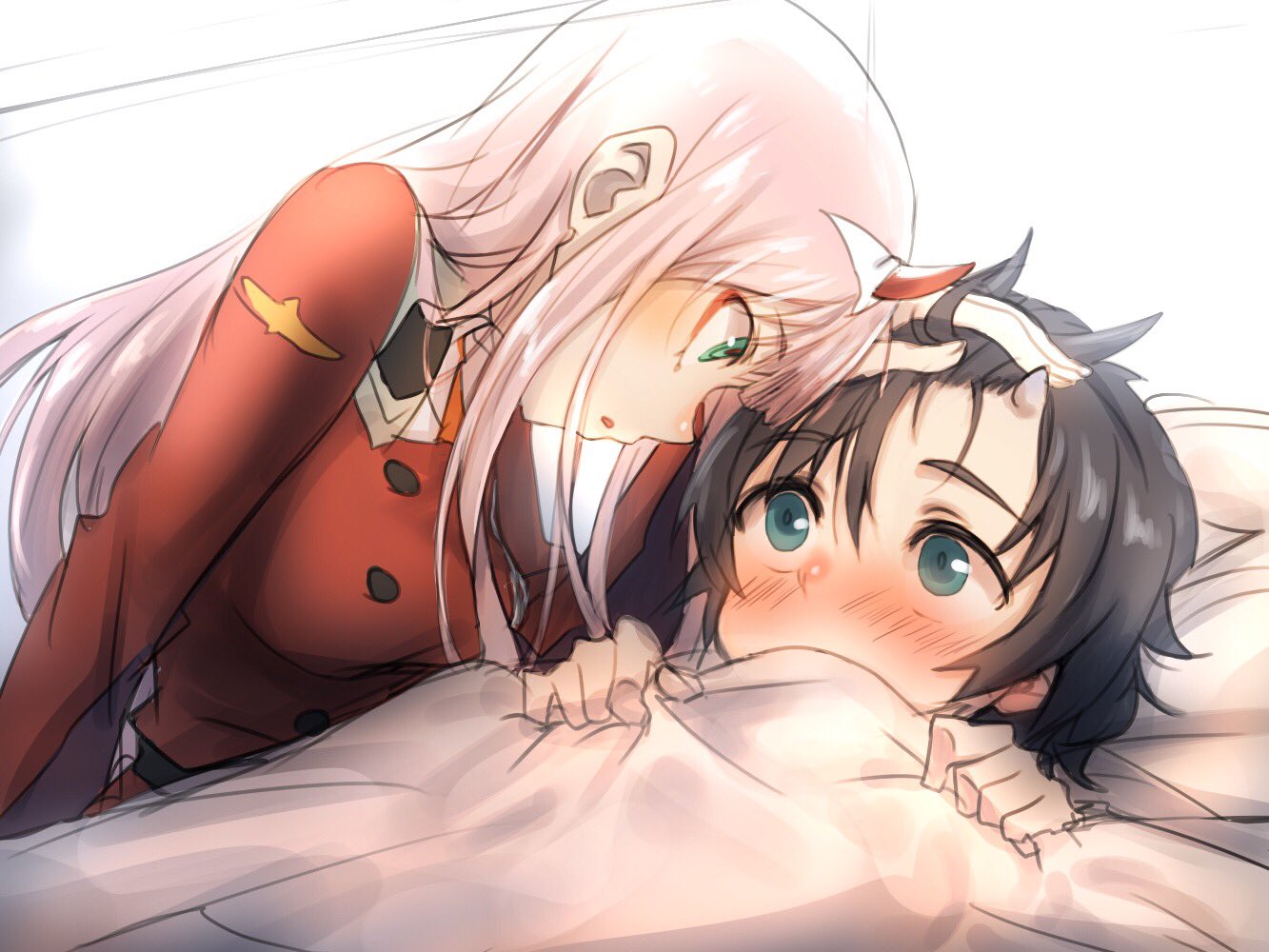 1boy 1girl bangs bed_sheet black_hair blue_eyes blue_horns blush breasts commentary_request couple darling_in_the_franxx eyebrows_visible_through_hair fringe green_eyes hair_ornament hairband herozu_(xxhrd) hetero hiro_(darling_in_the_franxx) horns large_breasts long_hair looking_at_another lying military military_uniform necktie on_back oni_horns orange_neckwear pink_hair red_horns sheet_grab short_hair uniform white_hairband zero_two_(darling_in_the_franxx)