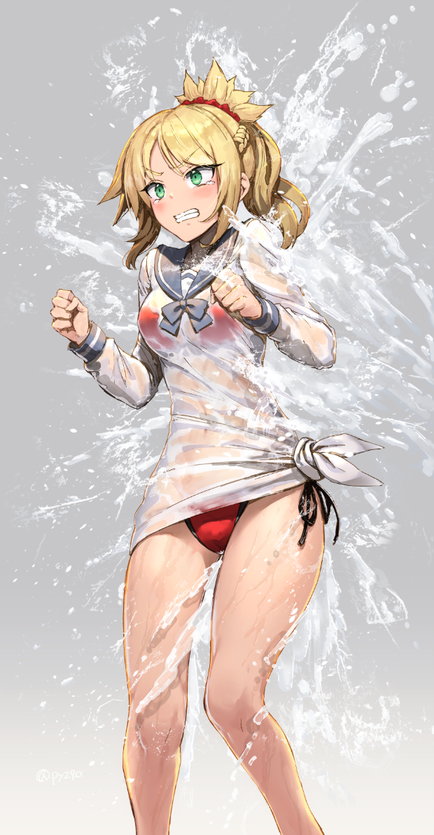 1girl bikini bikini_under_clothes blonde_hair blush braid clenched_teeth commentary_request fate/grand_order fate_(series) green_eyes hair_tie mordred_(fate)_(all) mordred_(swimsuit_rider)_(fate) ponytail pyz_(cath_x_tech) school_uniform side-tie_bikini solo swimsuit teeth water wet wet_clothes