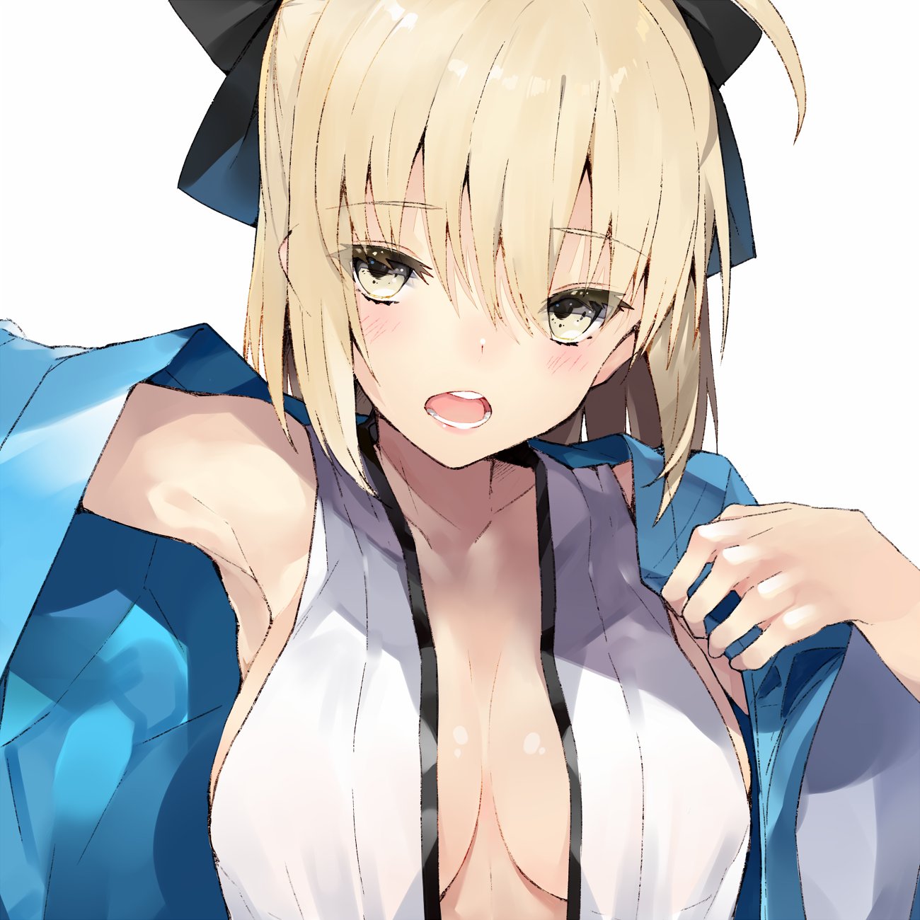 1girl blonde_hair blush bow breasts cleavage dressing eyebrows_visible_through_hair fate/grand_order fate_(series) hair_between_eyes hair_bow highres kou_mashiro medium_breasts okita_souji_(fate) open_clothes open_mouth solo upper_body white_background yellow_eyes