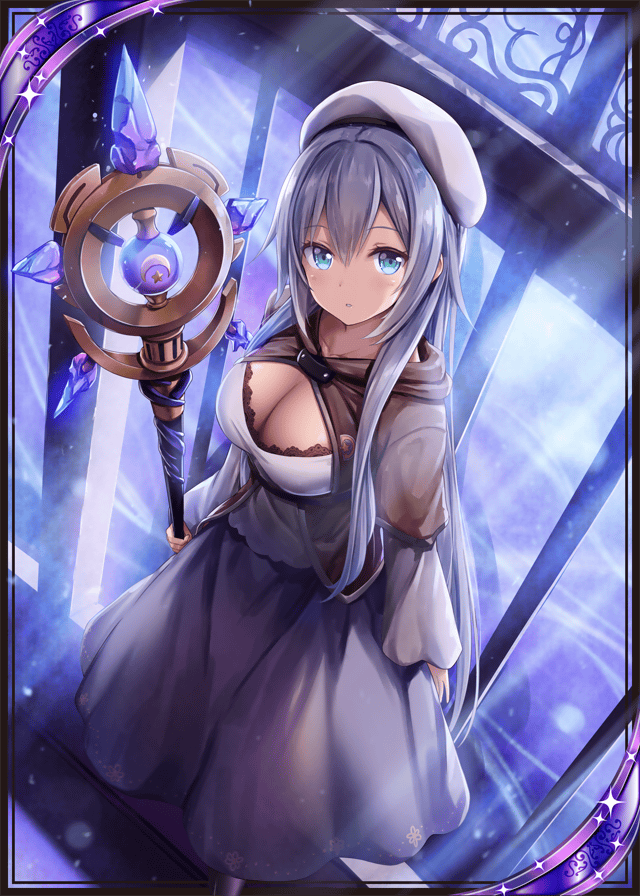 1girl akkijin blue_eyes breasts card_(medium) crystal dress hat jewelry medium_breasts moon necklace official_art shinkai_no_valkyrie silver_hair staff star sunlight weapon white_dress window