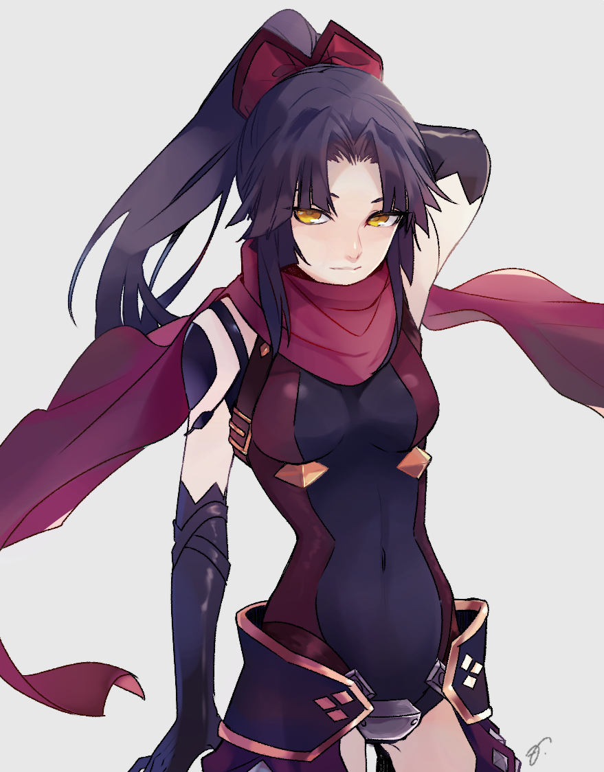 1girl android arm_behind_head arm_up bangs bare_shoulders black_gloves black_hair black_leotard bow breasts closed_mouth covered_navel cowboy_shot elbow_gloves fate/grand_order fate_(series) gloves grey_background hair_bow high_ponytail katou_danzou_(fate/grand_order) legs_apart leotard long_hair looking_at_viewer medium_breasts motu0505 parted_bangs pink_scarf ponytail red_bow scarf simple_background solo standing yellow_eyes