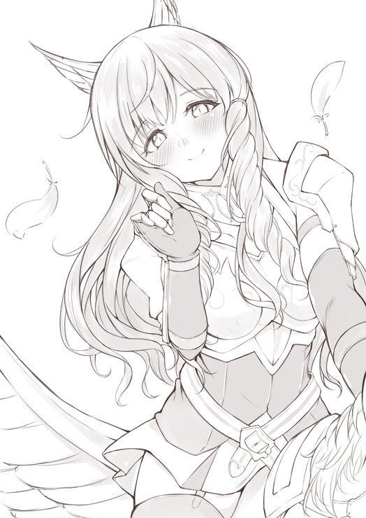 1girl belt blush breastplate feathers fingerless_gloves fire_emblem fire_emblem:_kakusei gloves greyscale hair_ornament jiino long_hair monochrome pegasus pegasus_knight riding shoulder_armor sidelocks simple_background solo sumia white_background wing_hair_ornament