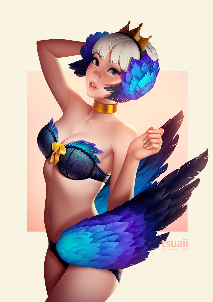 1girl bangs bare_shoulders bow bra breasts choker cleavage crown from_side gwendolyn hair_bun highres jonathan_hamilton looking_at_viewer multicolored multicolored_wings odin_sphere panties parted_lips pinup simple_background solo underwear violet_eyes white_hair wings