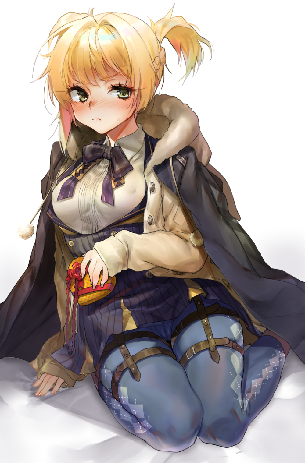 1girl blonde_hair blue_legwear blush breasts erect_nipples girls_frontline gradient gradient_background green_eyes grey_background highres jacket naso4 pantyhose pout short_twintails sitting solo sweatdrop twintails valentine wariza welrod_mk2_(girls_frontline) white_background