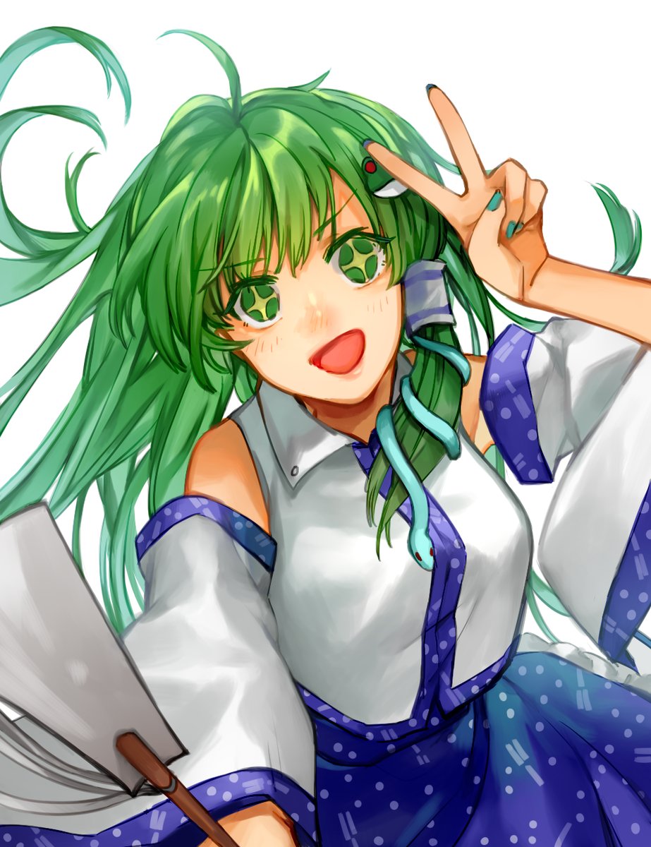 1girl blush breast detached_sleeves frog gohei green_eyes green_hair hair_accessories hair_tube kochiya_sanae long_hair open_mouth shidaccc skirt snake starry_eyes touhou