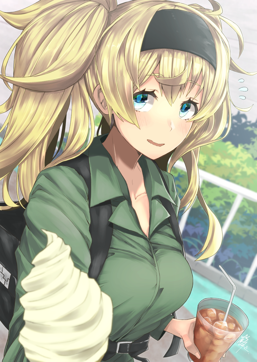 1girl alternate_costume awkward bag bangs blonde_hair blue_eyes blurry blurry_background blush breasts bush casual collarbone collared_shirt cup day eyebrows_visible_through_hair flying_sweatdrops food gambier_bay_(kantai_collection) green_shirt hair_between_eyes hairband highres holding holding_cup holding_food ice_cream ice_cream_cone kantai_collection large_breasts long_hair offering_food open_mouth outdoors pov railing shirt short_eyebrows sidelocks signature smile solo strap tsurukawasha twintails