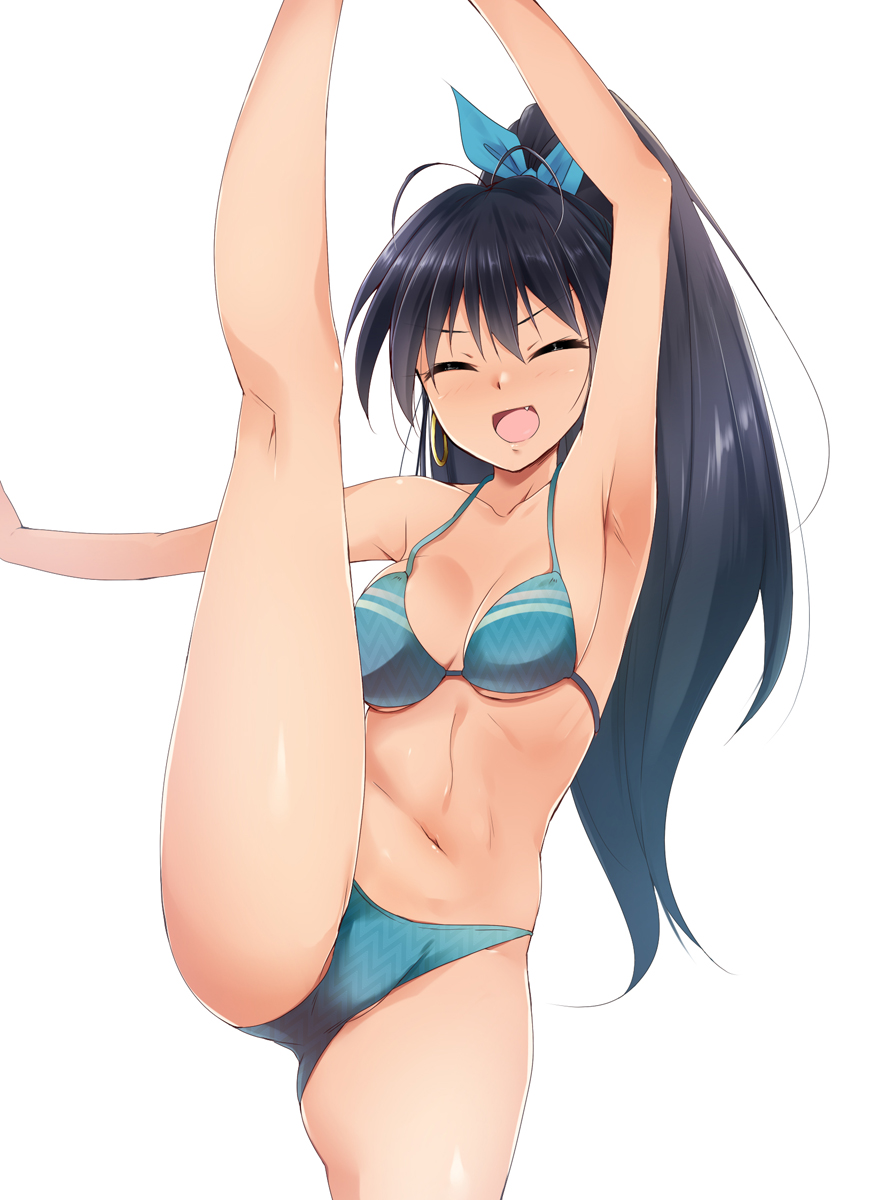 1girl antenna_hair bikini black_hair closed_eyes earrings fang ganaha_hibiki green_bikini high_ponytail highres hoop_earrings idolmaster jewelry kaiga navel open_mouth ponytail simple_background smile solo split standing_split swimsuit white_background