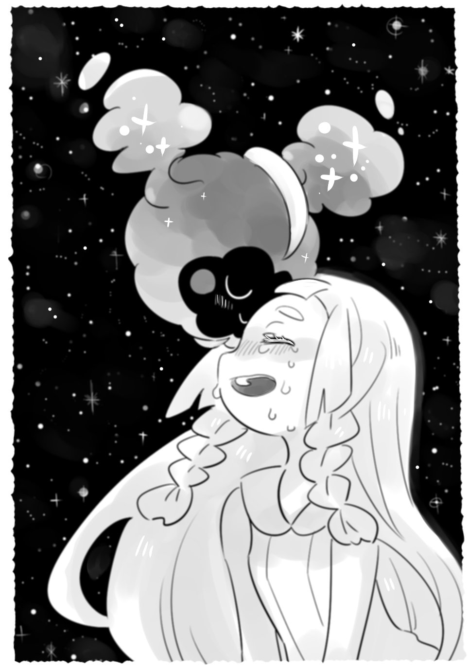 1girl amagaeru_(amapippi052525) braid cosmog crying dress gen_7_pokemon greyscale highres lillie_(pokemon) long_hair monochrome open_mouth pokemon pokemon_(creature) pokemon_(game) pokemon_sm sleeveless sleeveless_dress tears twin_braids