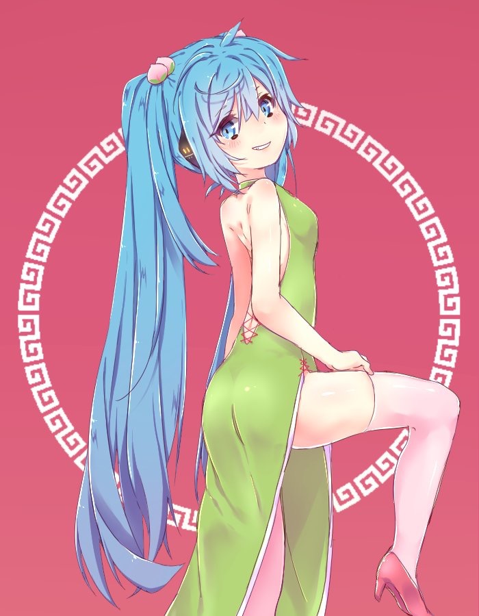 1girl blue_eyes blue_hair china_dress chinese_clothes dress from_side grin hatsune_miku headphones high_heels long_hair looking_at_viewer nyunko smile solo thigh-highs twintails very_long_hair vocaloid white_legwear