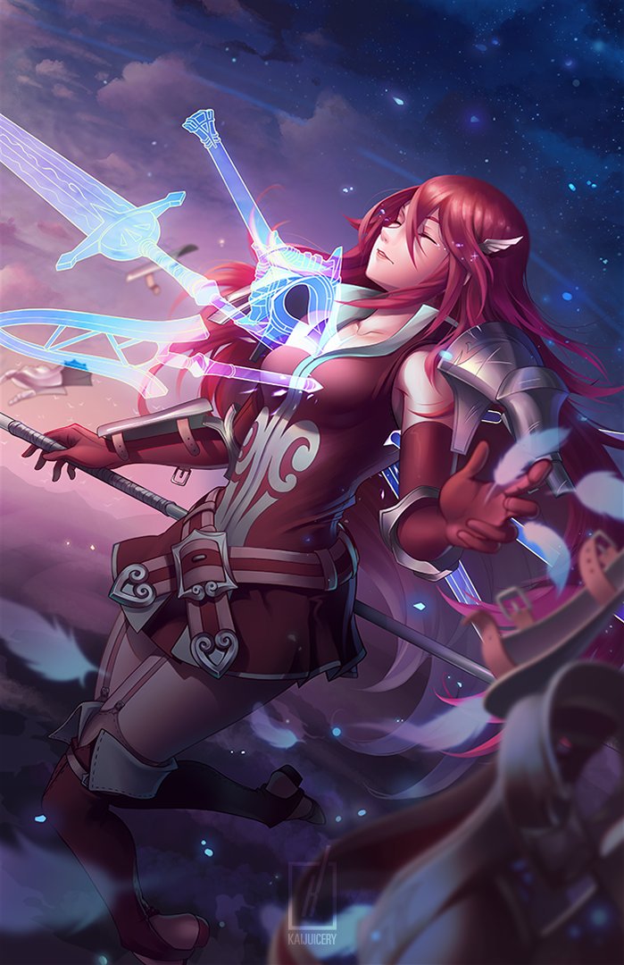 1girl armor aura closed_eyes clouds commentary dress falchion_(fire_emblem) falling feathers fire_emblem fire_emblem:_kakusei fire_emblem_heroes gauntlets gloves hair_ornament kaijuicery long_hair parted_lips polearm red_eyes redhead sky solo sword thigh-highs cordelia_(fire_emblem) weapon