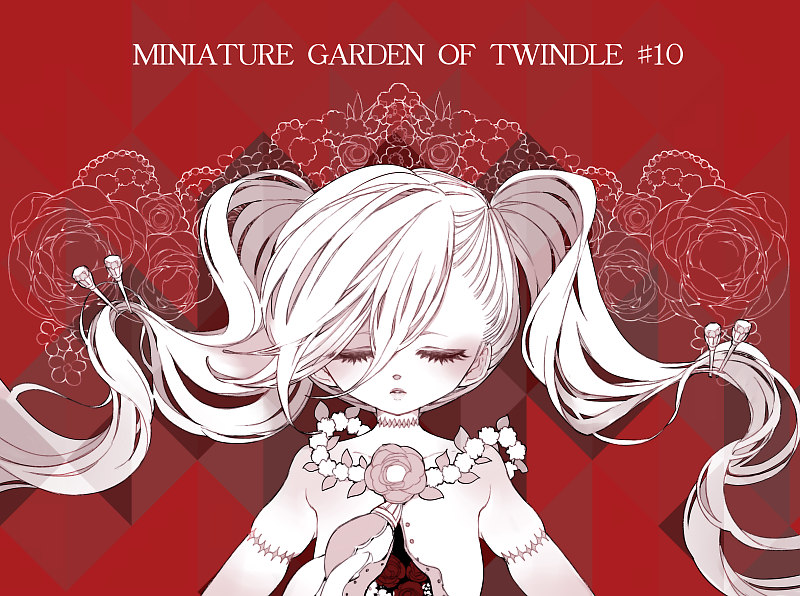 1girl chino_machiko closed_eyes corpse death eyelashes facing_viewer flower hair_ornament hair_spread_out hairpin long_hair monochrome original parted_lips red red_background rose scar solo twintails upper_body