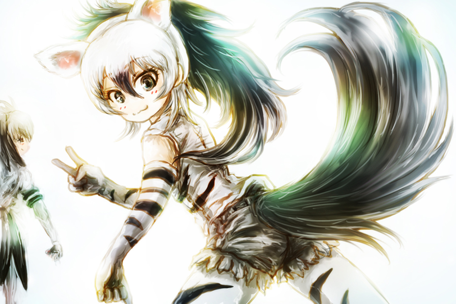 2girls :3 aardwolf_(kemono_friends) aardwolf_ears animal_ears arm_at_side ass back bare_shoulders bird_tail black_gloves black_hair black_shorts bodystocking bright_background closed_mouth commentary_request elbow_gloves extra_ears from_side gloves grey_eyes grey_hair grey_shirt hair_between_eyes hand_up head_wings kemono_friends long_hair looking_at_viewer looking_back multicolored_hair multiple_girls pantyhose pantyhose_under_shorts ponytail print_gloves print_legwear print_shirt shirt shoebill_(kemono_friends) shorts sidelocks sleeveless sleeveless_shirt smile solo_focus stealstitaniums tail two-tone_hair upper_body v walking white_hair