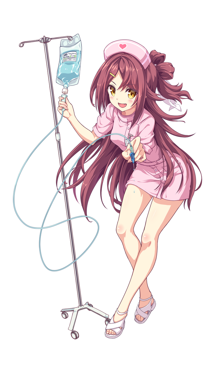 1girl bare_legs breasts fang full_body hat highres long_hair looking_at_viewer nurse nurse_cap official_art open_mouth purple_hair sandals solo takamura_tsukushi transparent_background venus_eleven_vivid! yellow_eyes